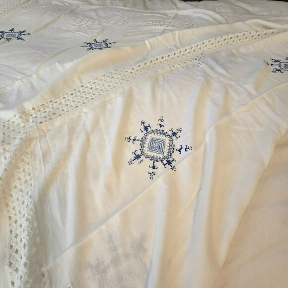 VTG White Cotton Tablecloth Blue Snowflake Embroidery Crochet Open Work 80x56 - Picture 16 of 16